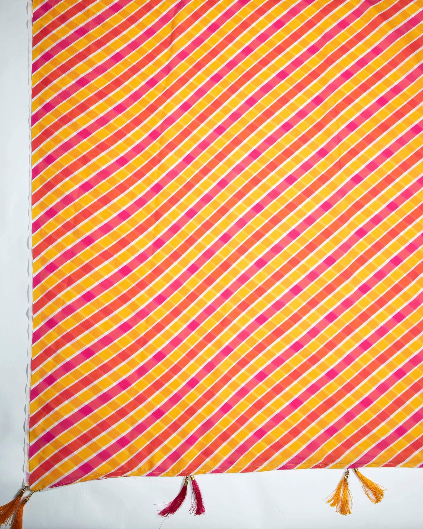 Magenta Pink And Honey Yellow Leheriya Pattern Digital Print Poly Voile Dupatta With Tassels - Fabcurate
