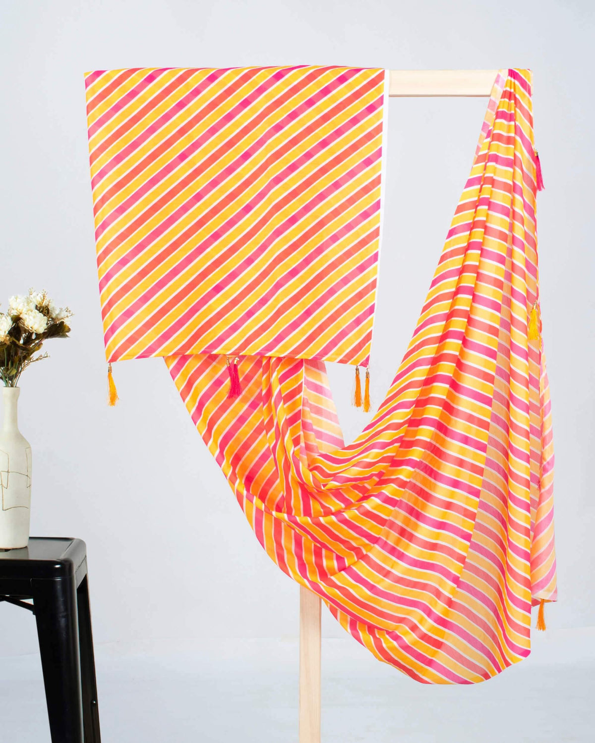 Magenta Pink And Honey Yellow Leheriya Pattern Digital Print Poly Voile Dupatta With Tassels - Fabcurate