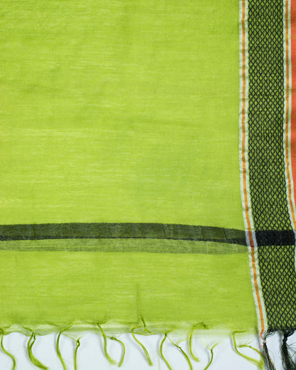 Parrot Green Plain Woven Bhagalpuri Tusser Silk Dupatta With Dobby Border - Fabcurate
