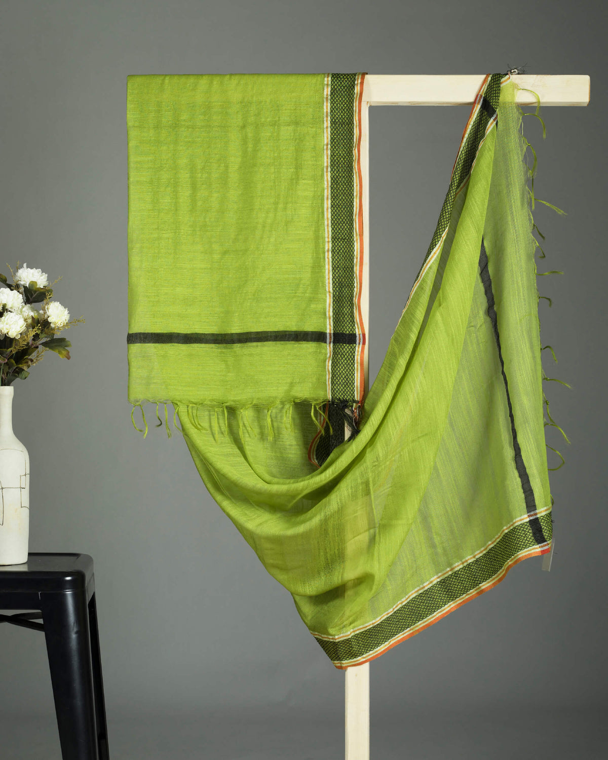 Parrot Green Plain Woven Bhagalpuri Tusser Silk Dupatta With Dobby Border - Fabcurate