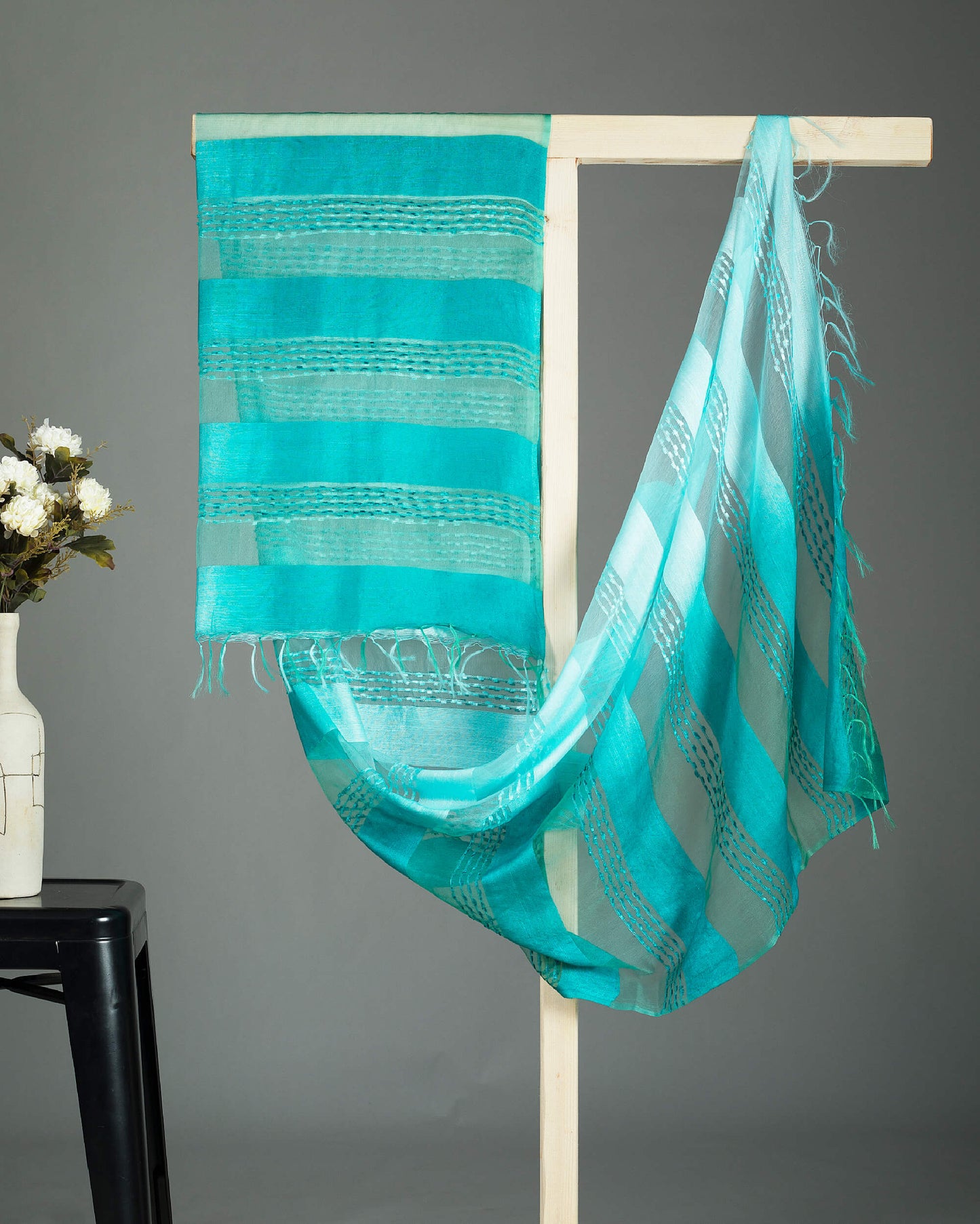 Sky Blue And Green Tie & Dye Pattern Woven Bhagalpuri Viscose By Tusser Silk Dupatta With Tassels - Fabcurate