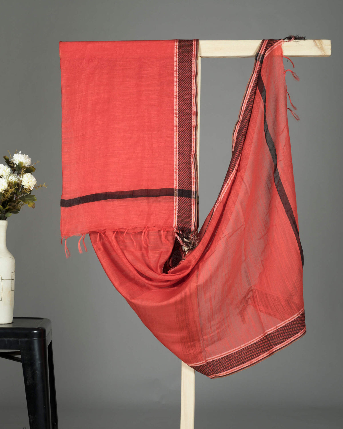 Brick Red Plain Woven Bhagalpuri Tusser Silk Dupatta With Dobby Border - Fabcurate