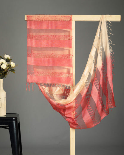 Red And Cream Tie & Dye Pattern Woven Bhagalpuri Viscose By Tusser Silk Dupatta With Tassels - Fabcurate