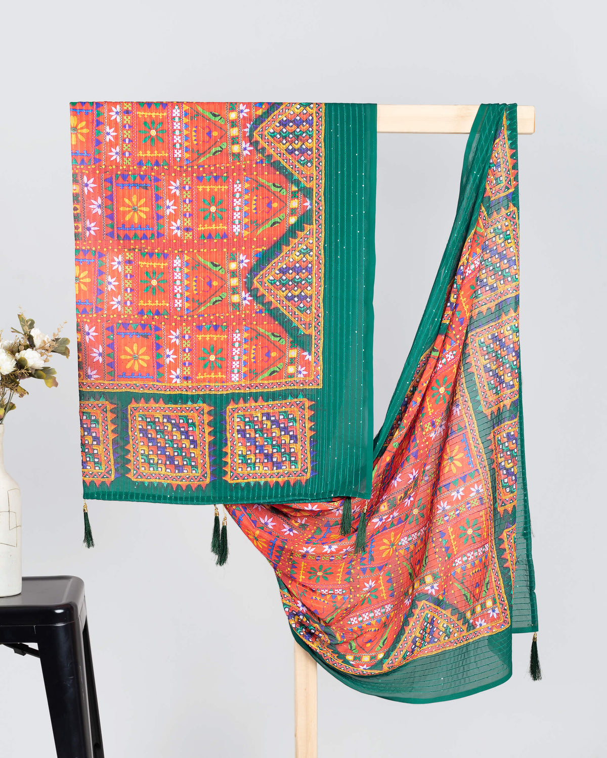 Vermilion Red And Green Gamthee Pattern Digital Print Sequins Georgette Dupatta With Tassels