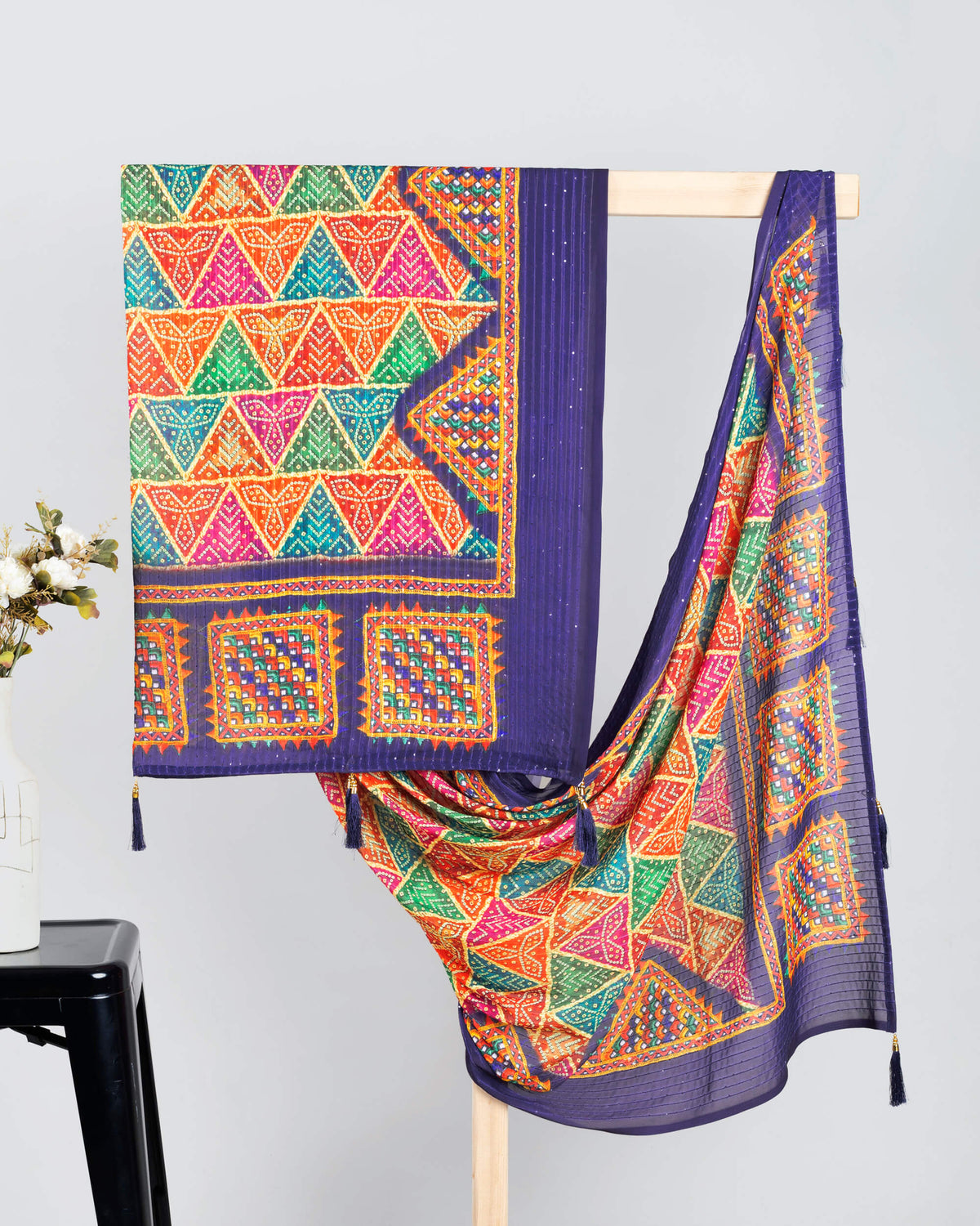 Indigo Blue And Orange Bandhani Pattern Digital Print Sequins Georgette Dupatta With Tassels
