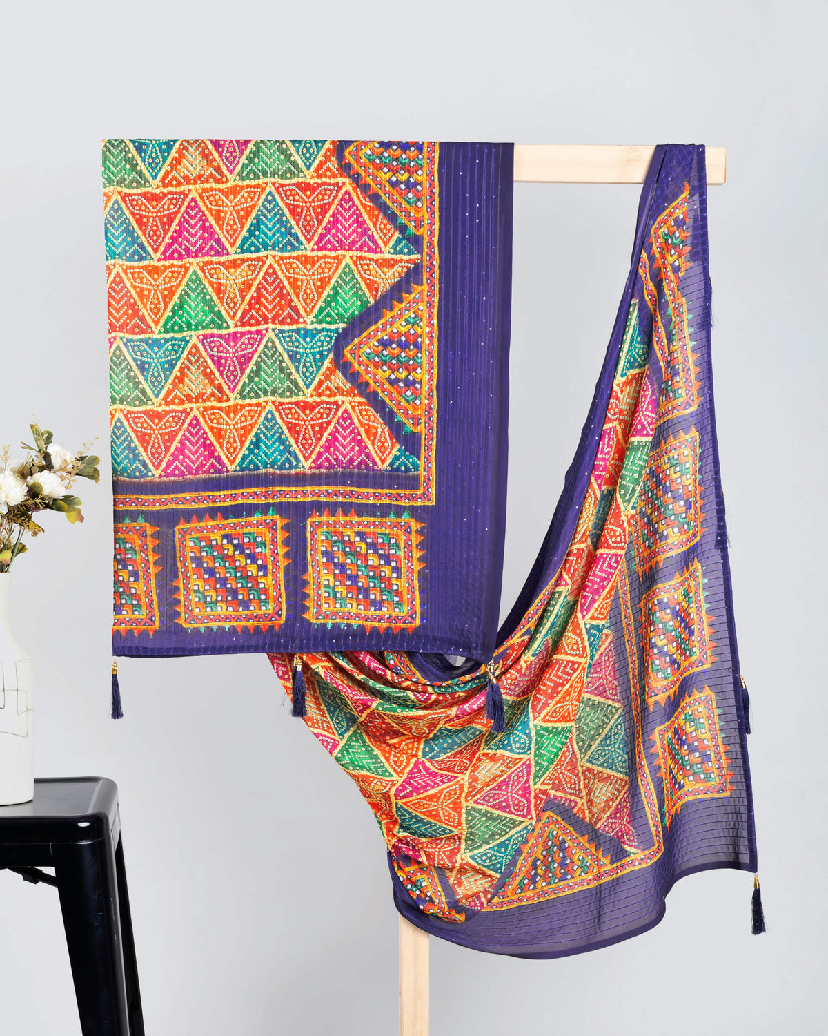 Indigo Blue And Orange Bandhanii Pattern Digital Print Sequins Georgette Dupatta With Tassels