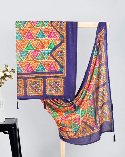 Indigo Blue And Orange Bandhanii Pattern Digital Print Sequins Georgette Dupatta With Tassels