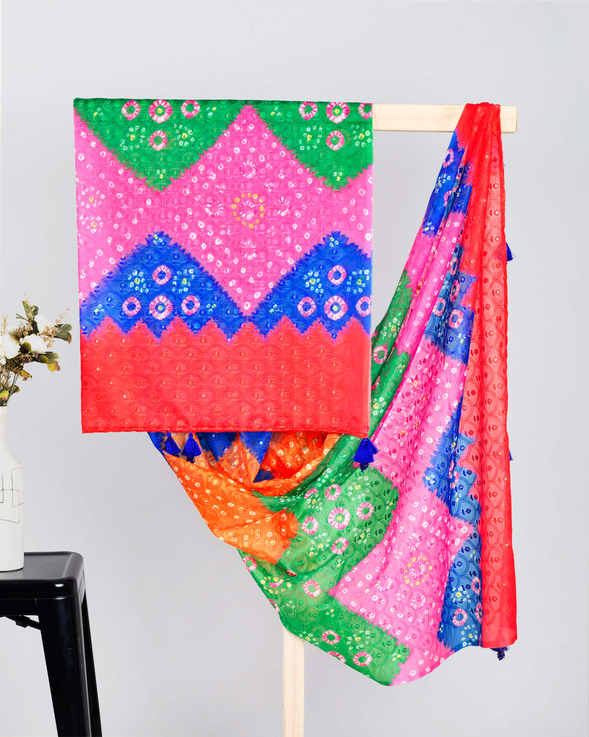 Orange And Blue Chevron Pattern Zari Sequins Embroidery Digital Print Premium Organza Dupatta With Tassles