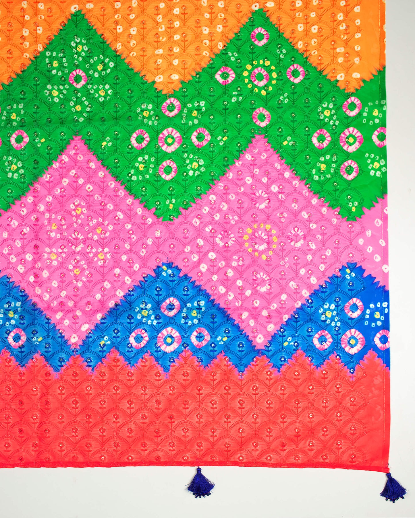 Orange And Blue Chevron Pattern Zari Sequins Embroidery Digital Print Premium Organza Dupatta With Tassles