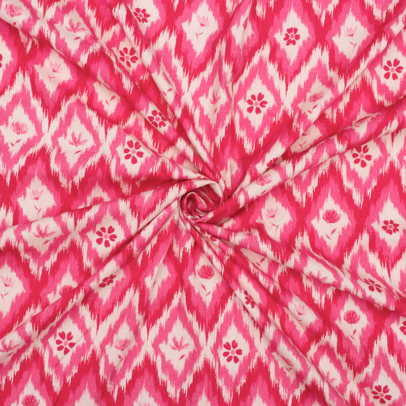 Pink And Cream Chevron Pattern Digital Print Rayon Slub Lycra Fabric - Fabcurate