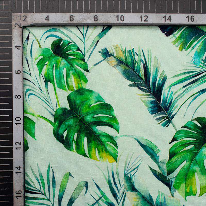 Pastel Mint Green And Green Leaf Pattern Digital Print Rayon Slub Lycra Fabric - Fabcurate