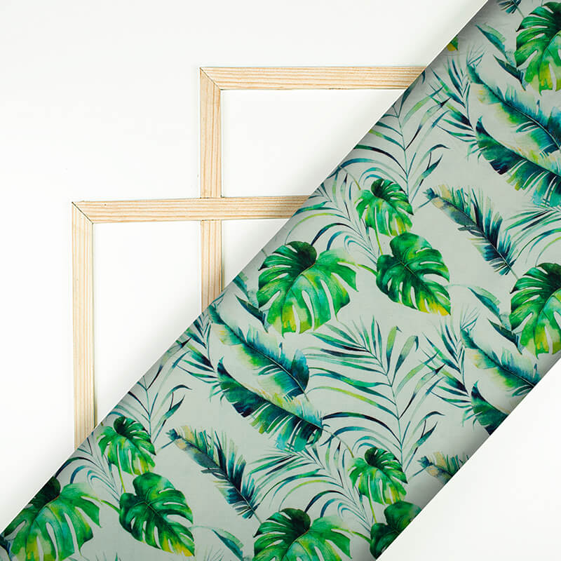 Pastel Mint Green And Green Leaf Pattern Digital Print Rayon Slub Lycra Fabric - Fabcurate