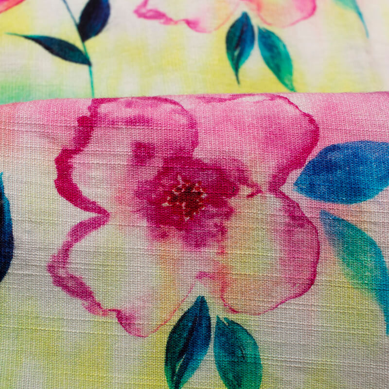 Pink And Yellow Floral Pattern Digital Print Rayon Slub Lycra Fabric - Fabcurate