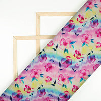 Pink And Yellow Floral Pattern Digital Print Rayon Slub Lycra Fabric - Fabcurate
