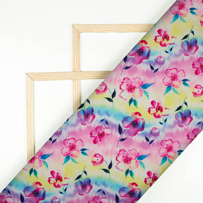 Pink And Yellow Floral Pattern Digital Print Rayon Slub Lycra Fabric - Fabcurate
