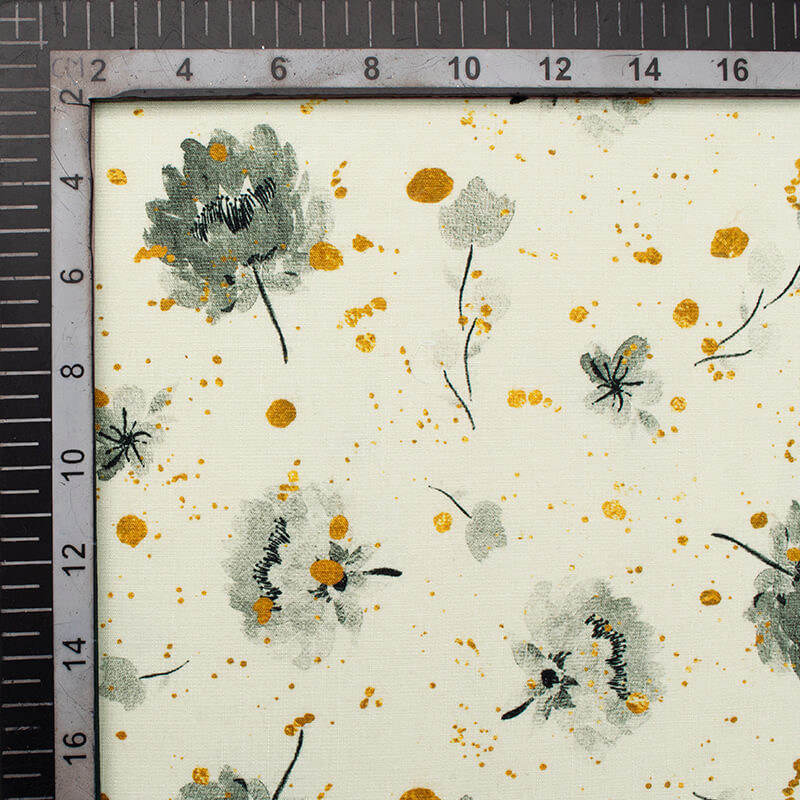 Ivory Cream And Grey Floral Pattern Digital Print Rayon Slub Lycra Fabric - Fabcurate