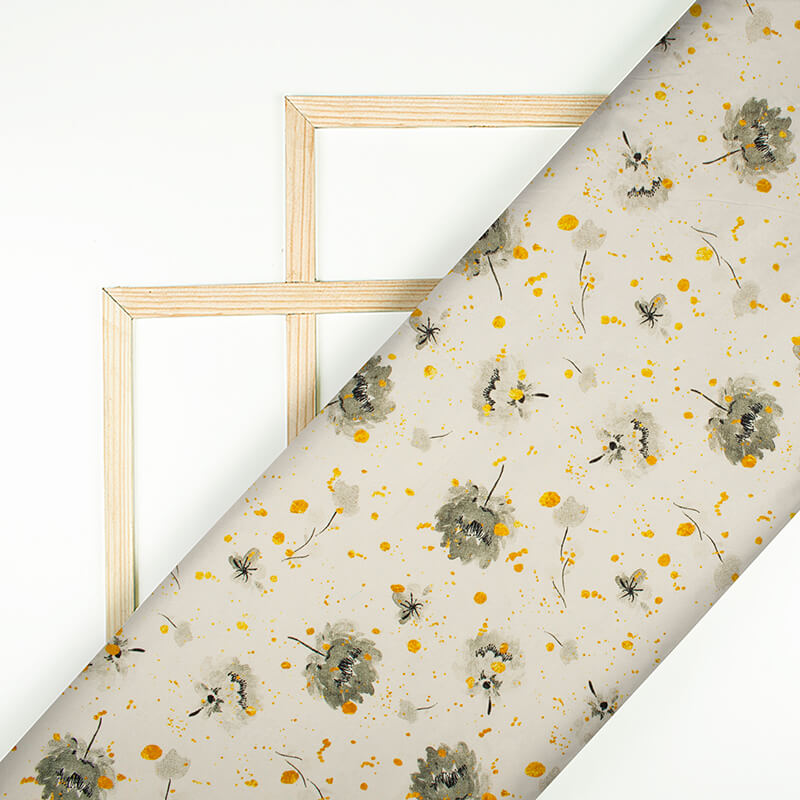 Ivory Cream And Grey Floral Pattern Digital Print Rayon Slub Lycra Fabric - Fabcurate