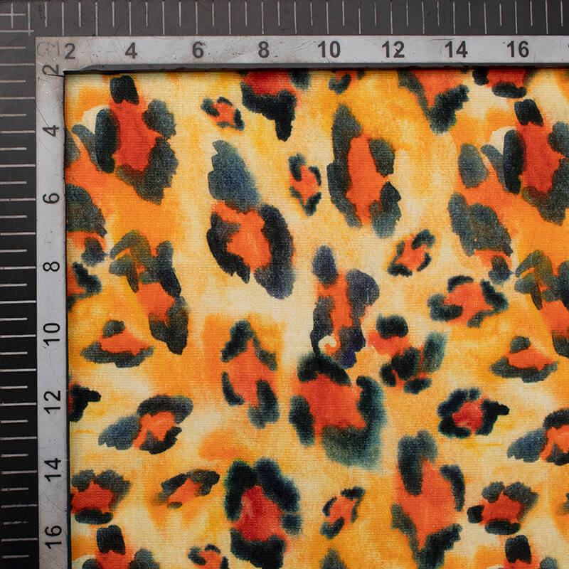 Orange And Black Leapord Animal Pattern Digital Print Rayon Slub Lycra Fabric - Fabcurate