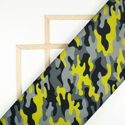 Grey And Liril Green Pattern Digital Print Rayon Slub Lycra Fabric - Fabcurate