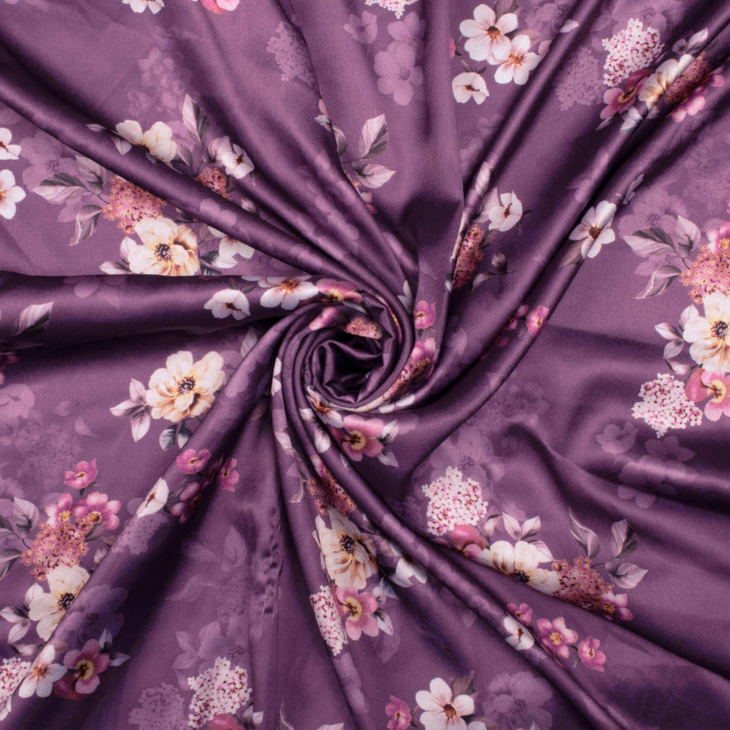 Eggplant Purple And Snow White Floral Pattern Digital Print Japan Satin Fabric