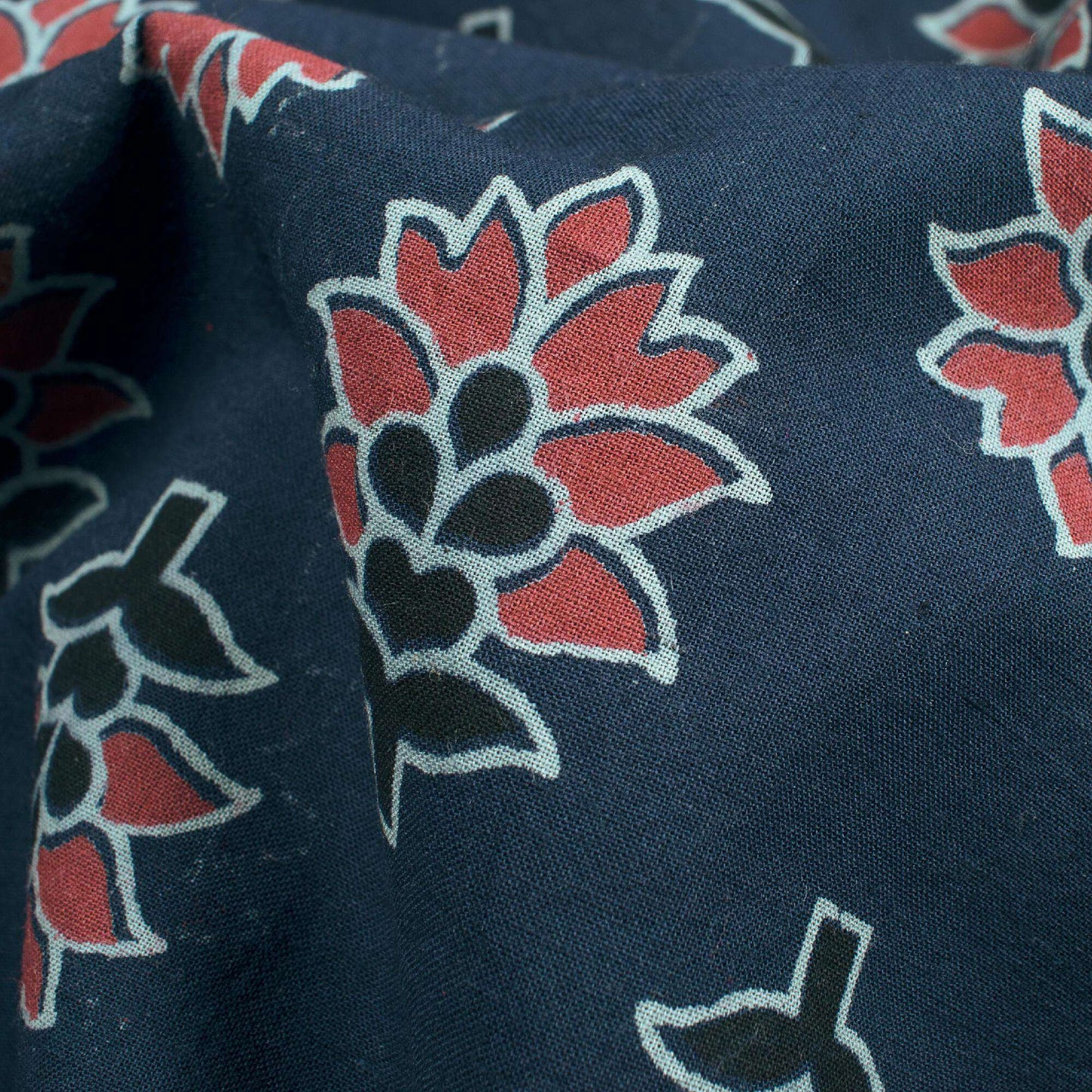 Prussian Blue And Fuchsia Floral Pattern Ajrakh Screen Print Natural Dye Cotton Fabric - Fabcurate