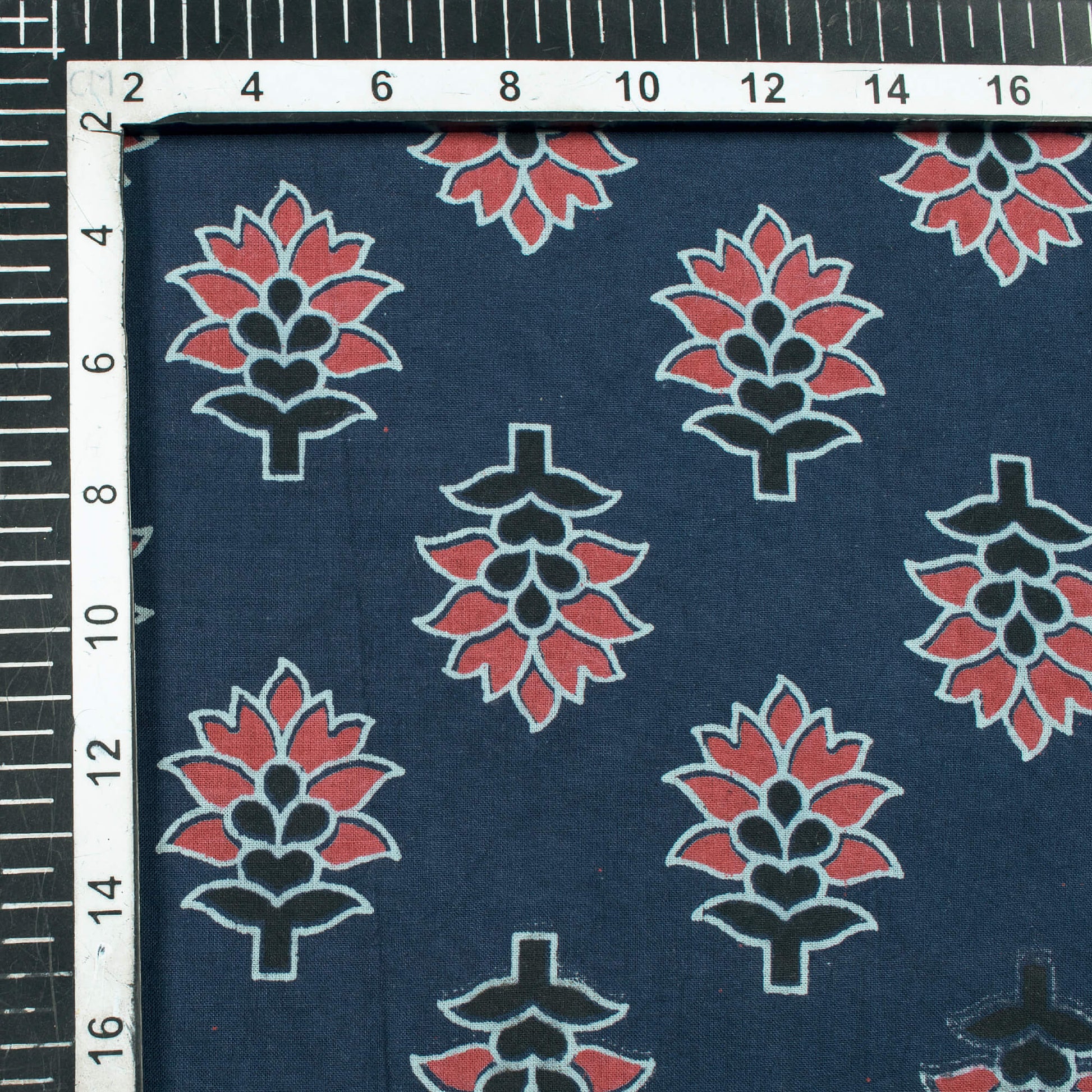 Prussian Blue And Fuchsia Floral Pattern Ajrakh Screen Print Natural Dye Cotton Fabric - Fabcurate