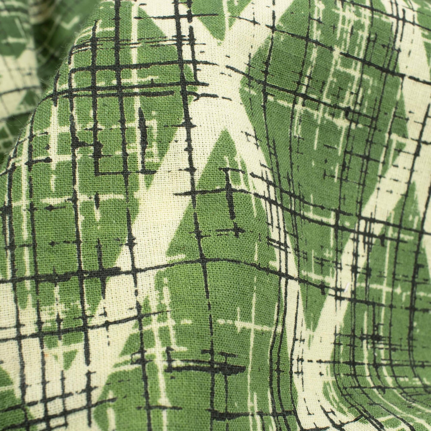 (Cut Piece 1 Mtr) Fern Green And Beige Geometric Pattern Brush Ajrakh Handblock Cotton Fabric