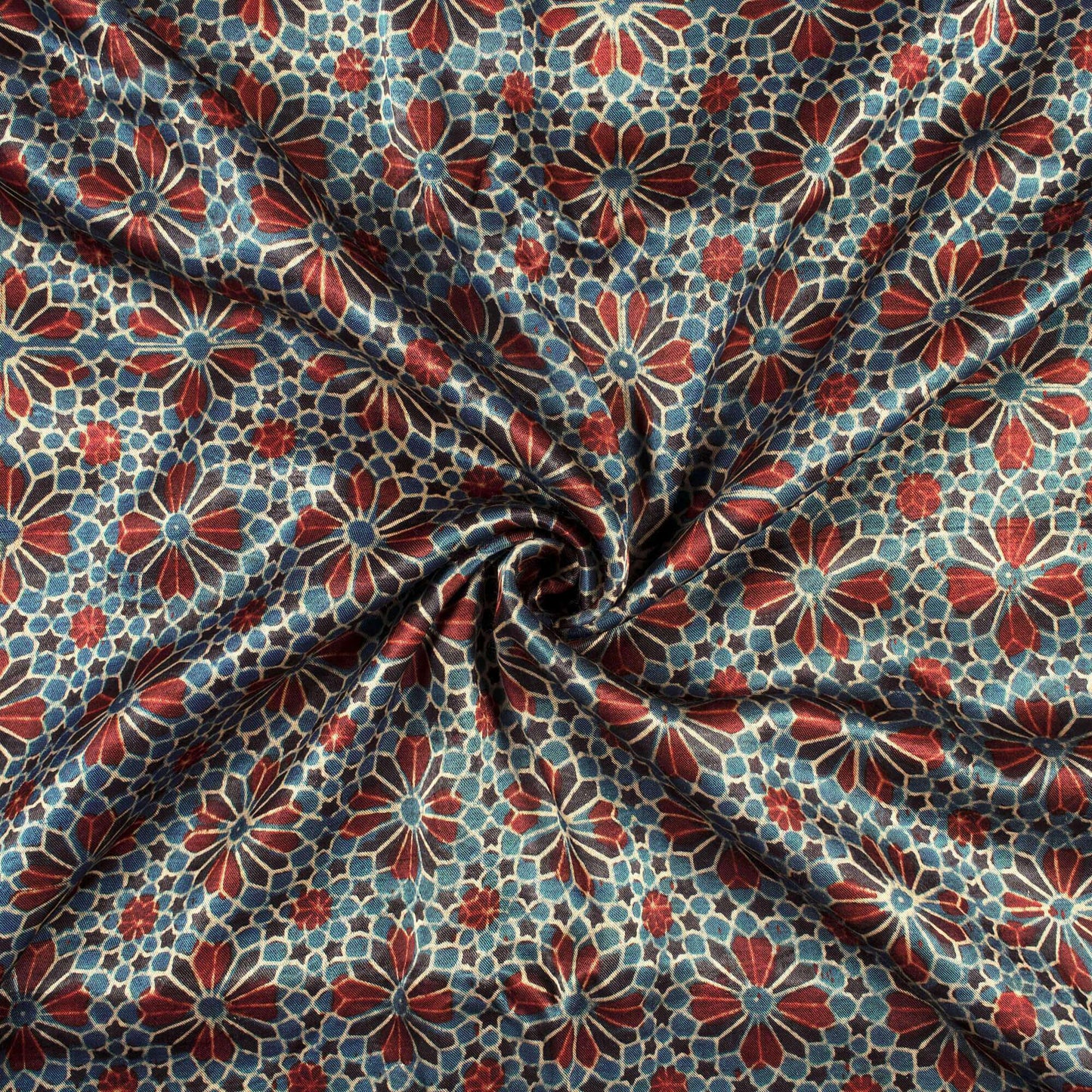 Aegean Blue And Red Floral Pattern Ajrakh Handblock Natural Dye Mashru Silk Fabric - Fabcurate