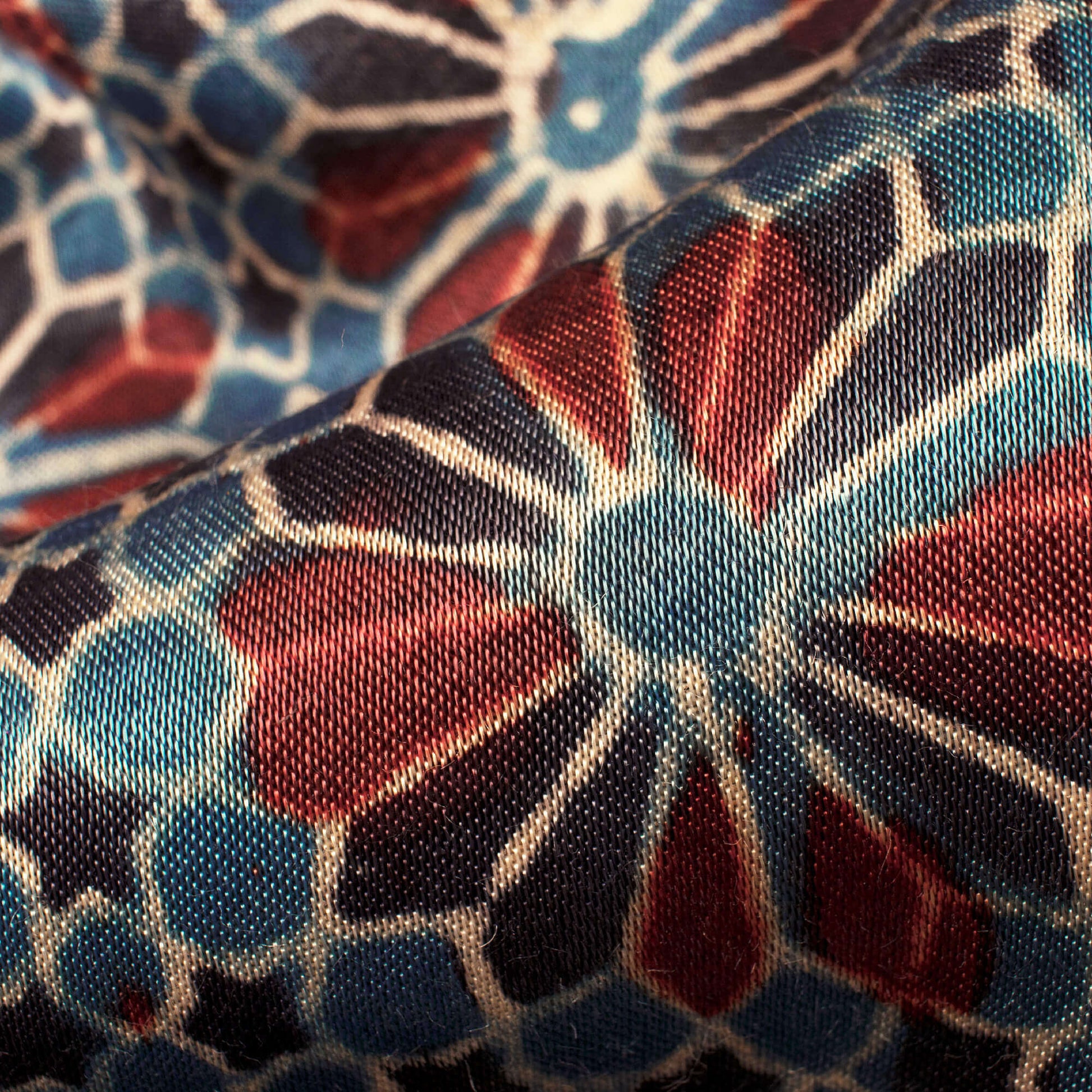 Aegean Blue And Red Floral Pattern Ajrakh Handblock Natural Dye Mashru Silk Fabric - Fabcurate