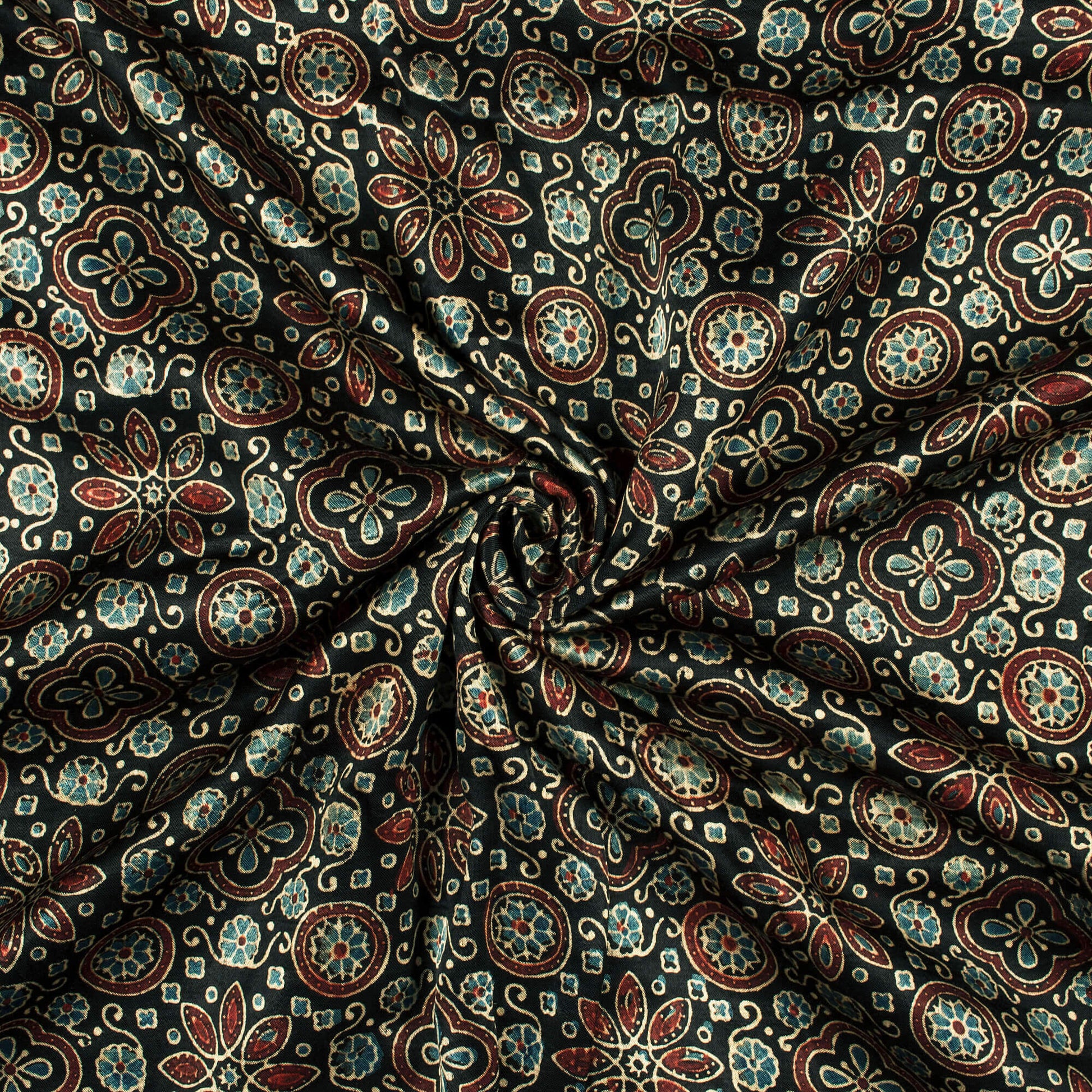 Black And Maroon Floral Pattern Ajrakh Handblock Natural Dye Mashru Silk Fabric - Fabcurate
