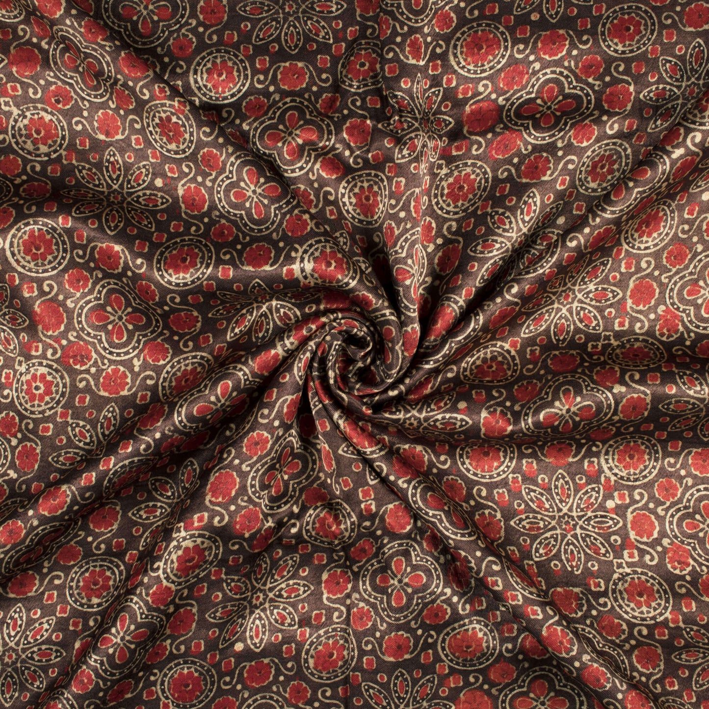 Shadow Grey And Red Floral Floral Pattern Ajrakh Handblock Natural Dye Mashru Silk Fabric - Fabcurate