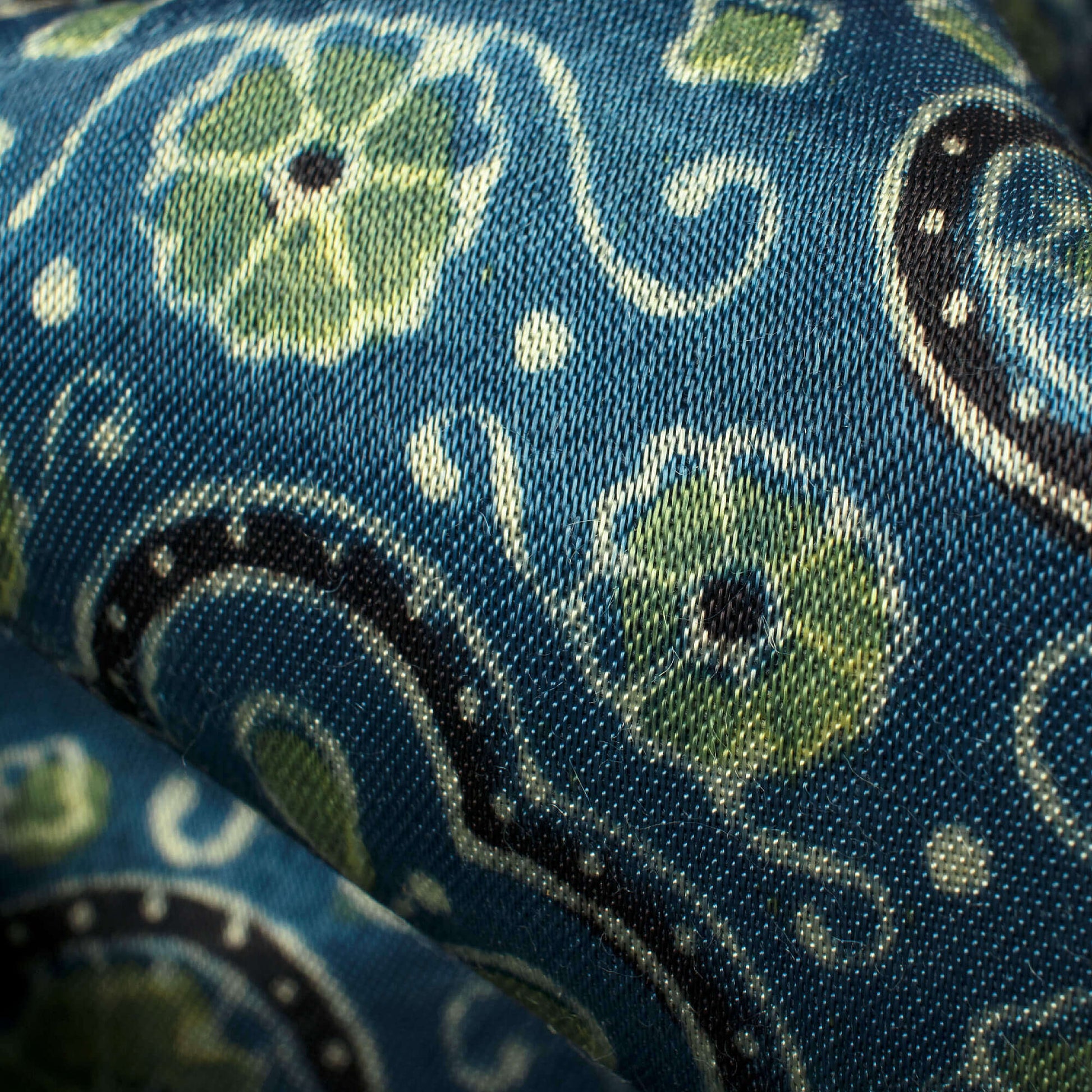 Aegean Blue And Olive Green Floral Pattern Ajrakh Handblock Natural Dye Mashru Silk Fabric - Fabcurate