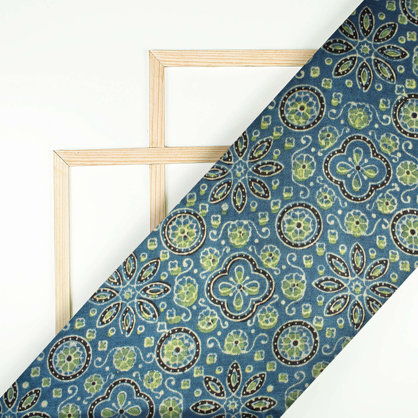Aegean Blue And Olive Green Floral Pattern Ajrakh Handblock Natural Dye Mashru Silk Fabric - Fabcurate