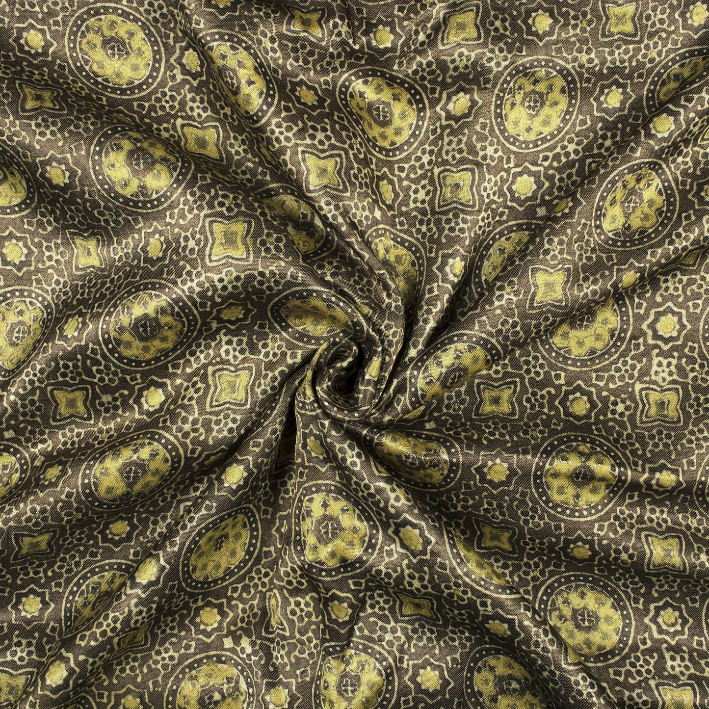 Grey And Flaxen Yellow Traditional Pattern Ajrakh Handblock Natural Dye Mashru Silk Fabric - Fabcurate
