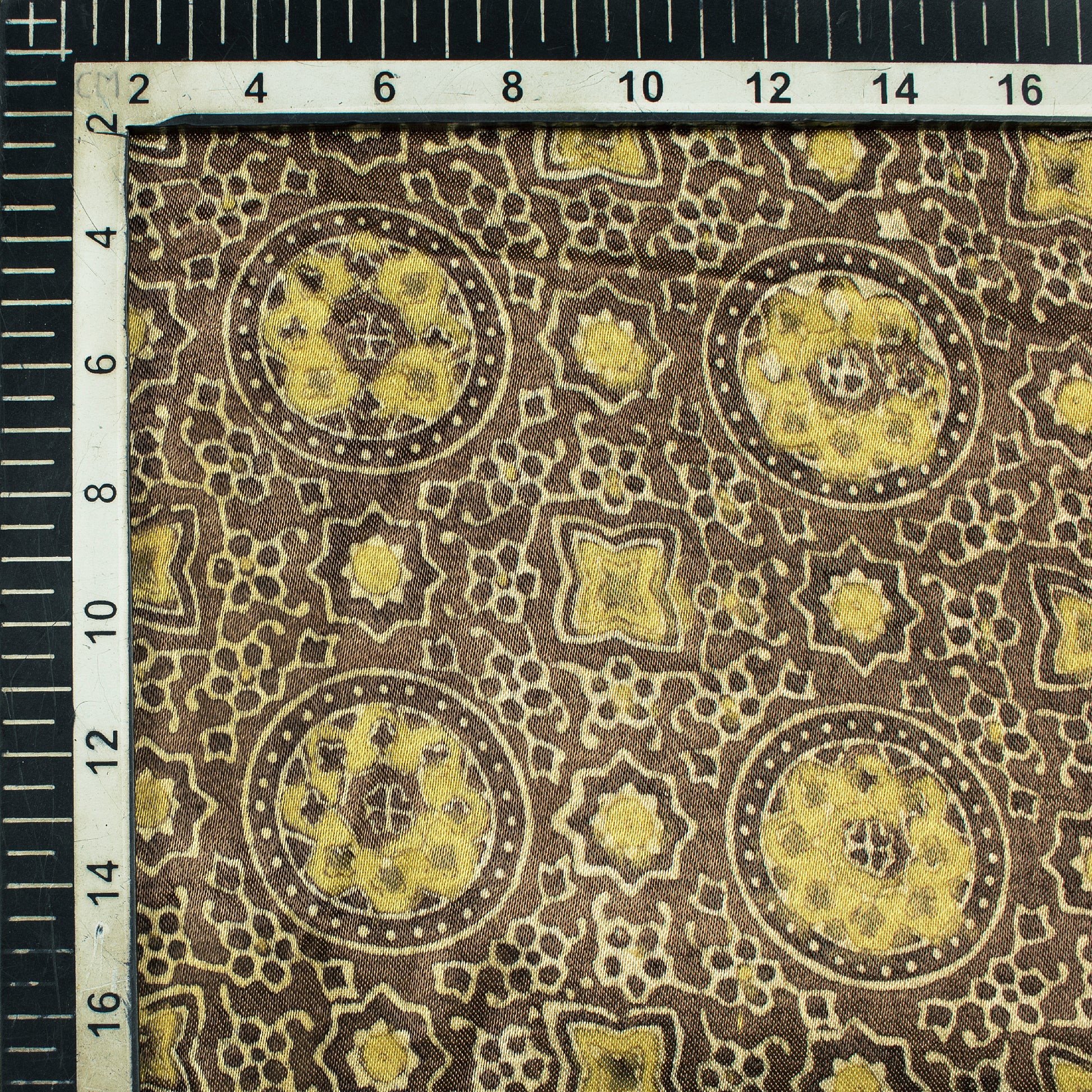Grey And Flaxen Yellow Traditional Pattern Ajrakh Handblock Natural Dye Mashru Silk Fabric - Fabcurate