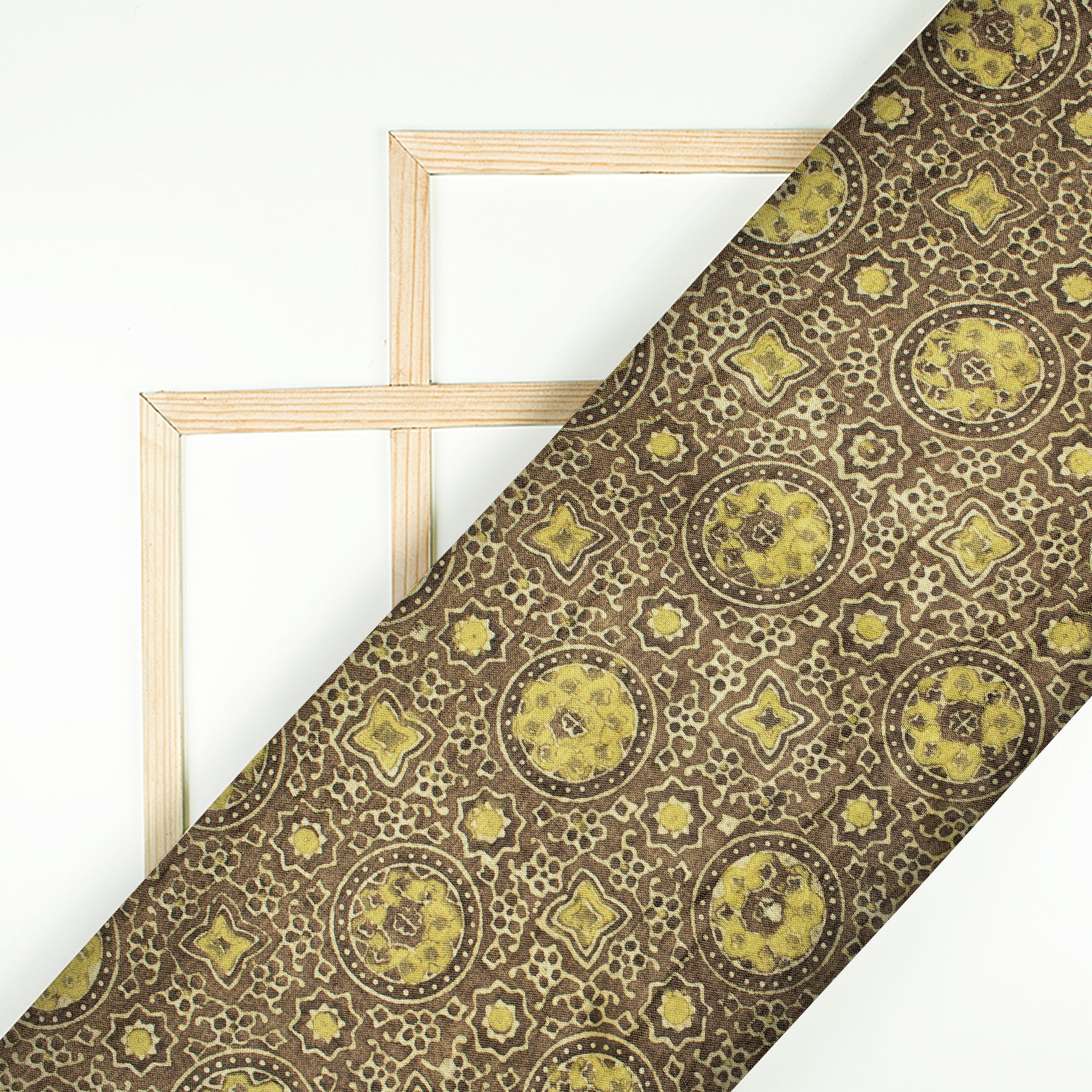 Grey And Flaxen Yellow Traditional Pattern Ajrakh Handblock Natural Dye Mashru Silk Fabric - Fabcurate