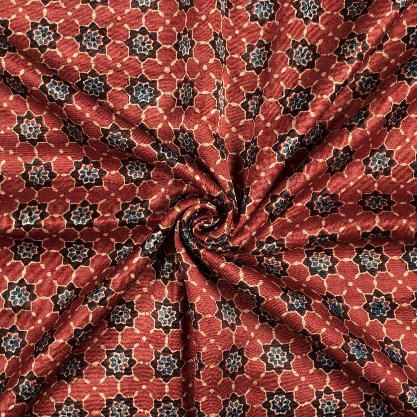 Red And Aegean Blue Floral Pattern Ajrakh Handblock Natural Dye Mashru Silk Fabric - Fabcurate