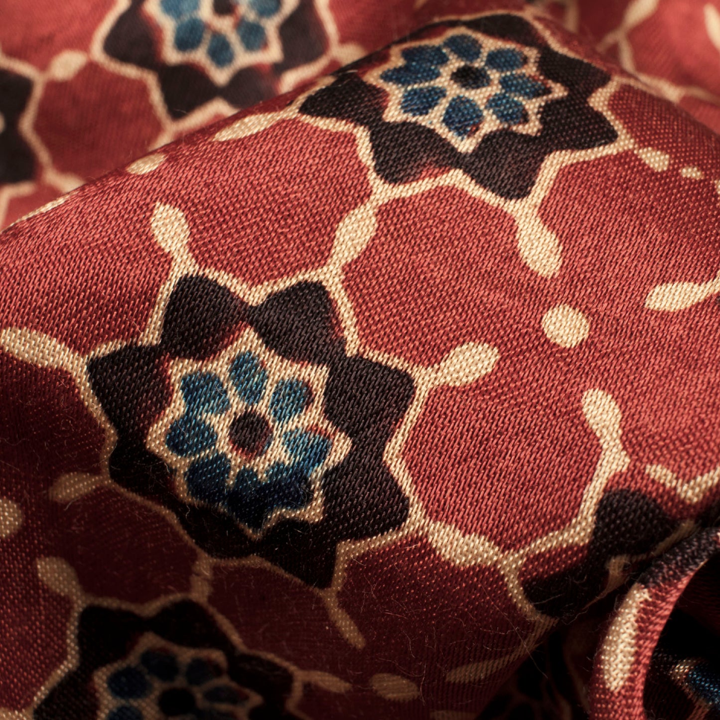 Red And Aegean Blue Floral Pattern Ajrakh Handblock Natural Dye Mashru Silk Fabric - Fabcurate