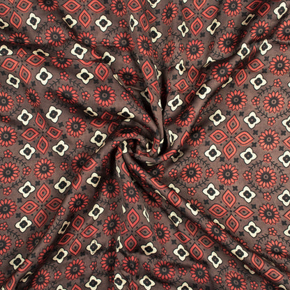 Cocoa Brown And Berry Red Traditional Pattern Ajrakh Screen Print Viscose Modal Satin Fabric