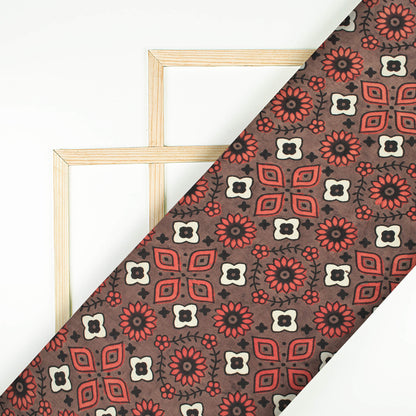Cocoa Brown And Berry Red Traditional Pattern Ajrakh Screen Print Viscose Modal Satin Fabric