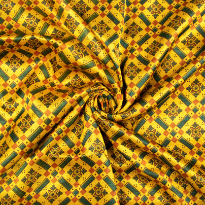 Tuscany Yellow And Sacramento Green Traditional Pattern Ajrakh Screen Print Natural Dye Mashru Silk Fabric