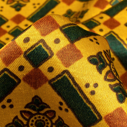 Tuscany Yellow And Sacramento Green Traditional Pattern Ajrakh Screen Print Natural Dye Mashru Silk Fabric
