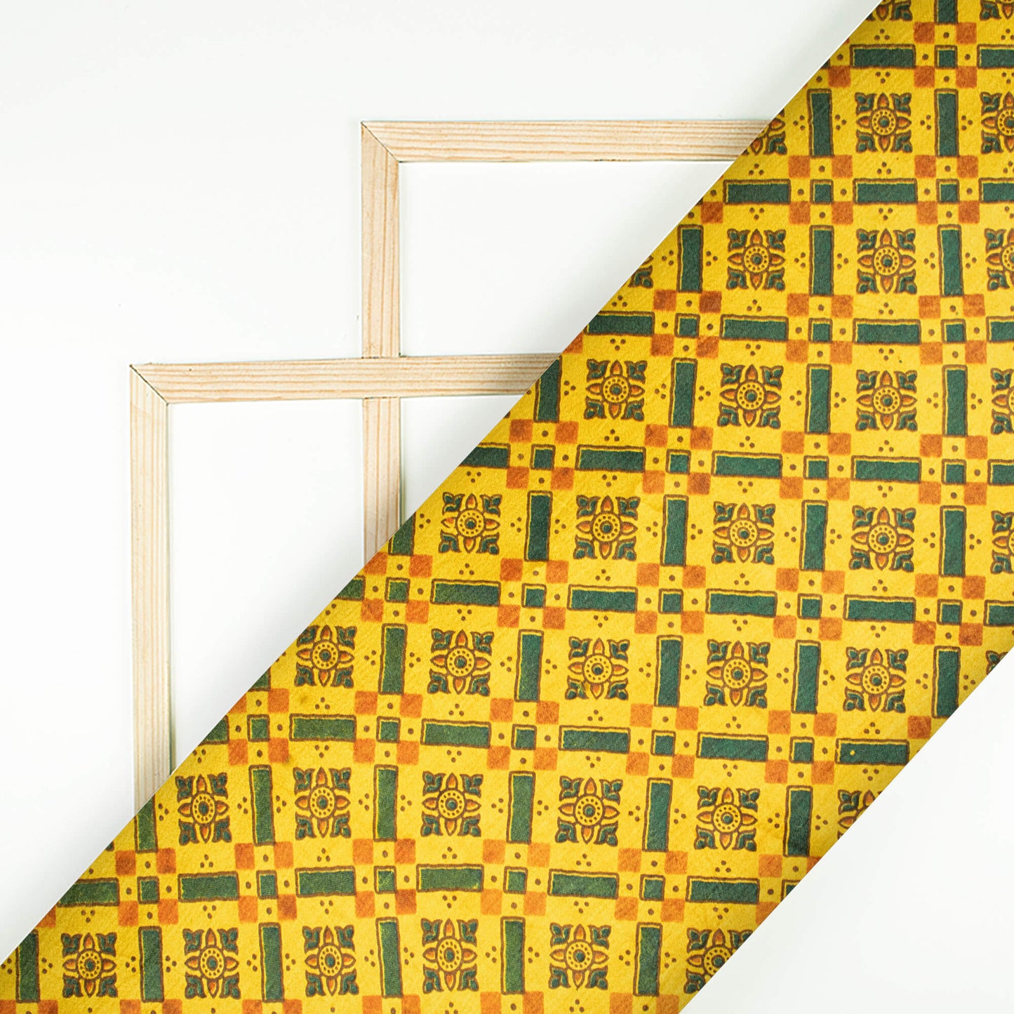 Tuscany Yellow And Sacramento Green Traditional Pattern Ajrakh Screen Print Natural Dye Mashru Silk Fabric