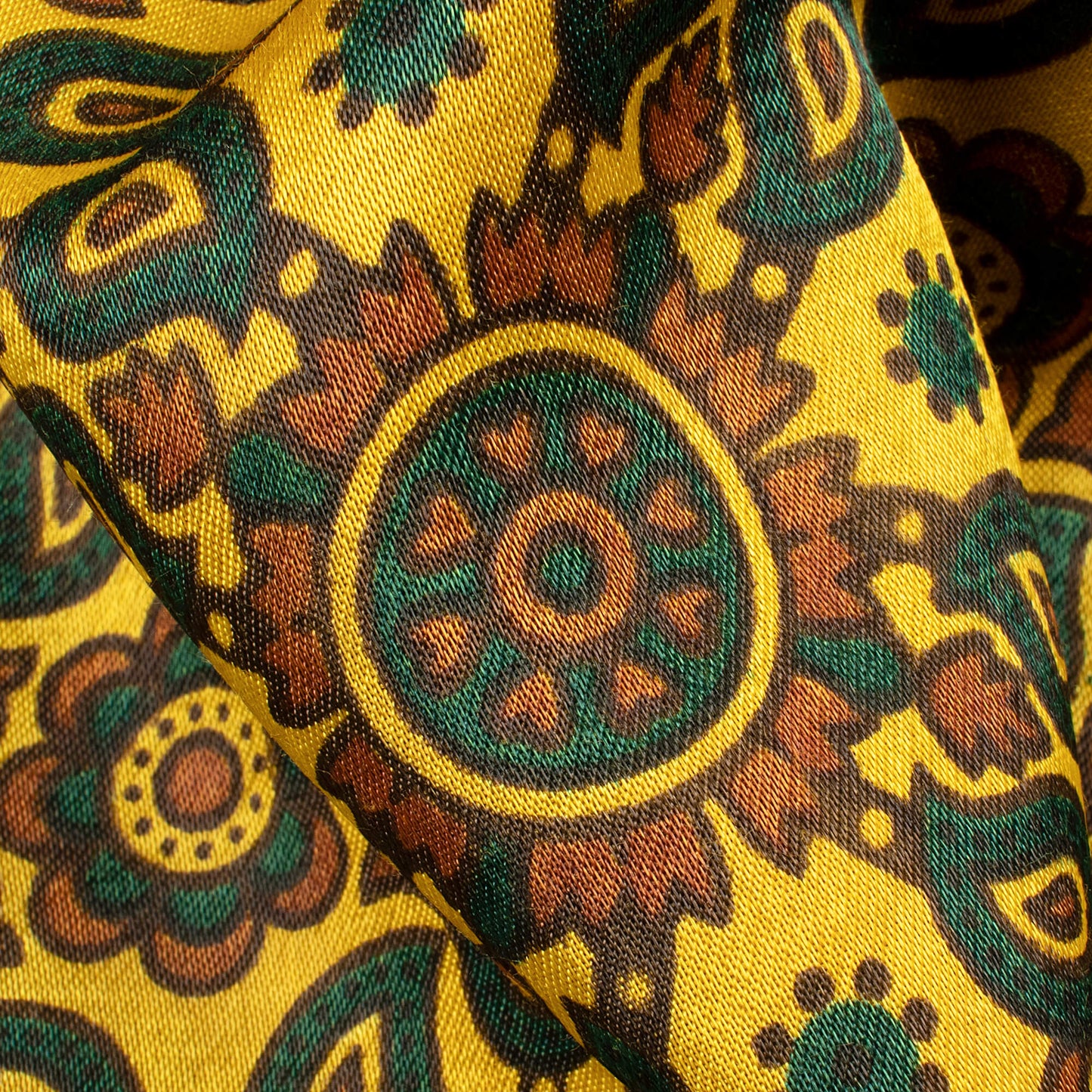 Tuscany Yellow And Sacramento Green Paisley Pattern Ajrakh Screen Print Natural Dye Mashru Silk Fabric