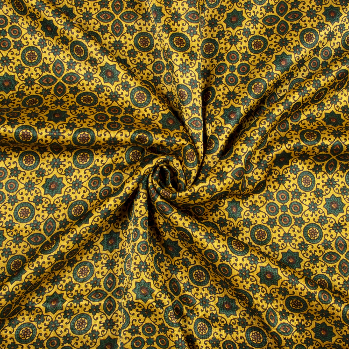 Tuscany Yellow And Sacramento Green Traditional Pattern Ajrakh Screen Print Natural Dye Mashru Silk Fabric