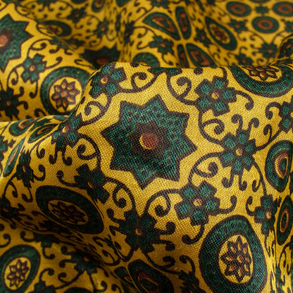 Tuscany Yellow And Sacramento Green Traditional Pattern Ajrakh Screen Print Natural Dye Mashru Silk Fabric