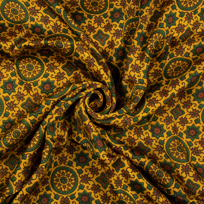 Goldenrod Yellow And Green Traditional Pattern Ajrakh Screen Print Viscose Modal Satin Fabric
