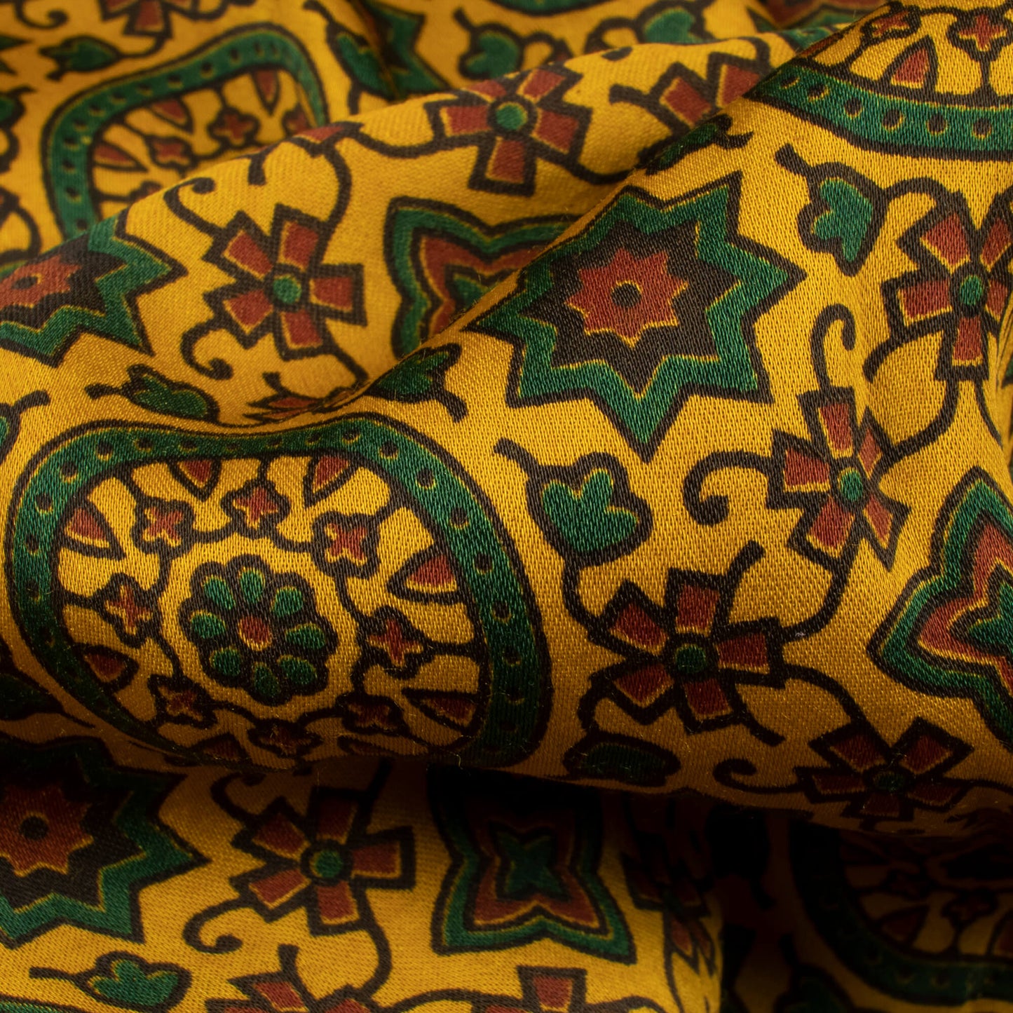 Goldenrod Yellow And Green Traditional Pattern Ajrakh Screen Print Viscose Modal Satin Fabric