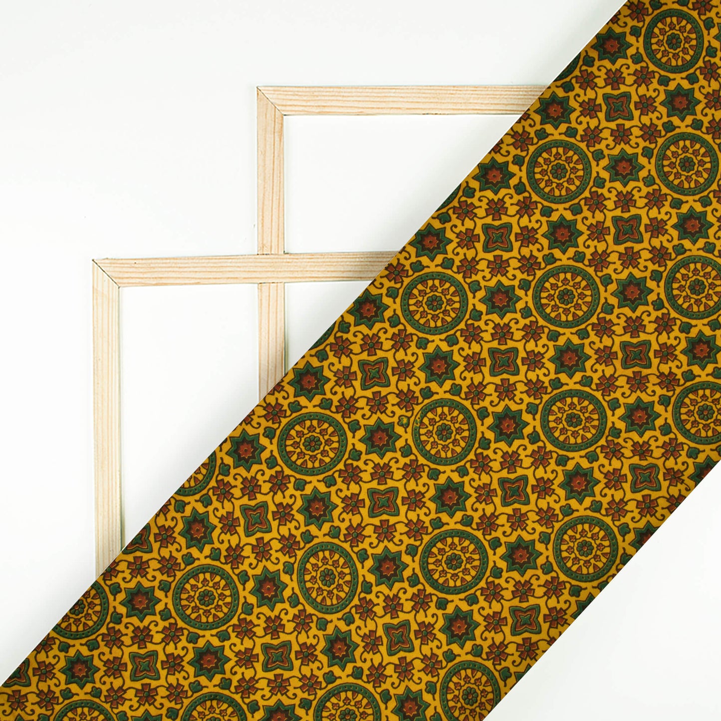 Goldenrod Yellow And Green Traditional Pattern Ajrakh Screen Print Viscose Modal Satin Fabric