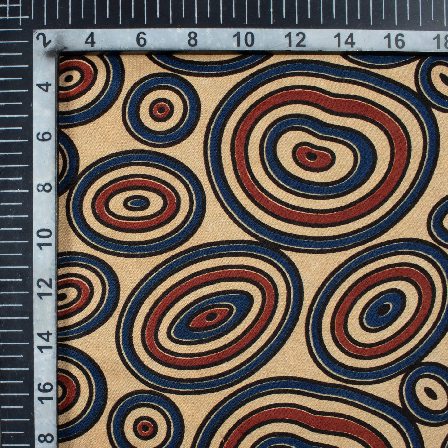 Beige And Aegean Blue Geometric Pattern Ajrakh Screen Print Viscose Modal Satin Fabric